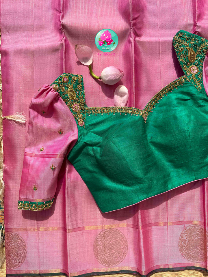 Rose Gold & Emerald Blossom: The Pastel Pink Vaira Oosi Kanchipattu & Emerald Fusion Blouse