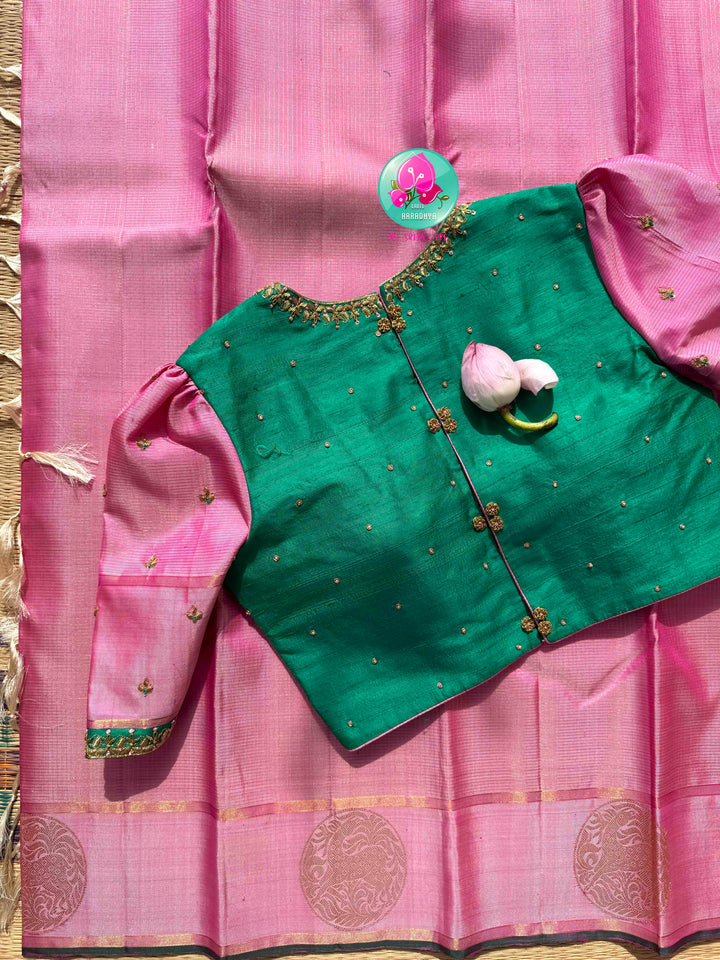Rose Gold & Emerald Blossom: The Pastel Pink Vaira Oosi Kanchipattu & Emerald Fusion Blouse