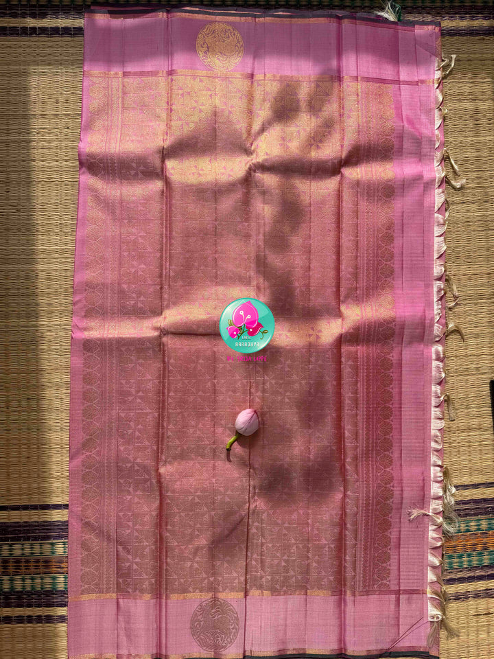 Rose Gold & Emerald Blossom: The Pastel Pink Vaira Oosi Kanchipattu & Emerald Fusion Blouse