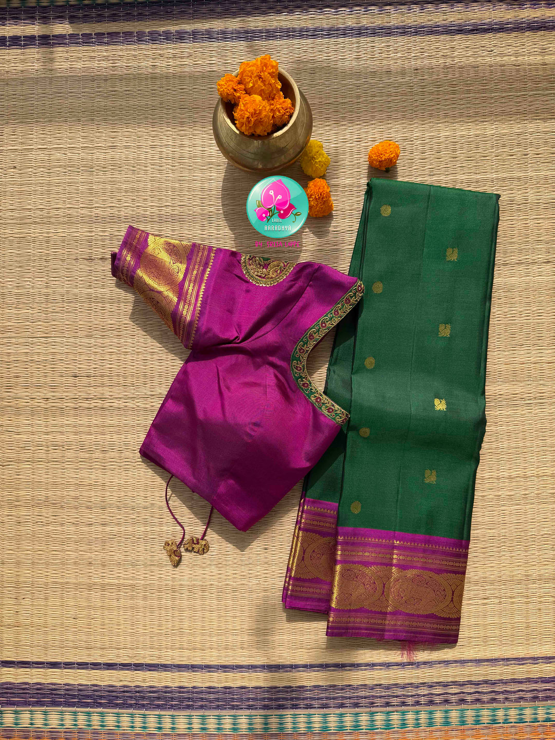 Imperial Emerald & Magenta: Bottle Green Pure Kanchipattu Saree with Hand Embroidery