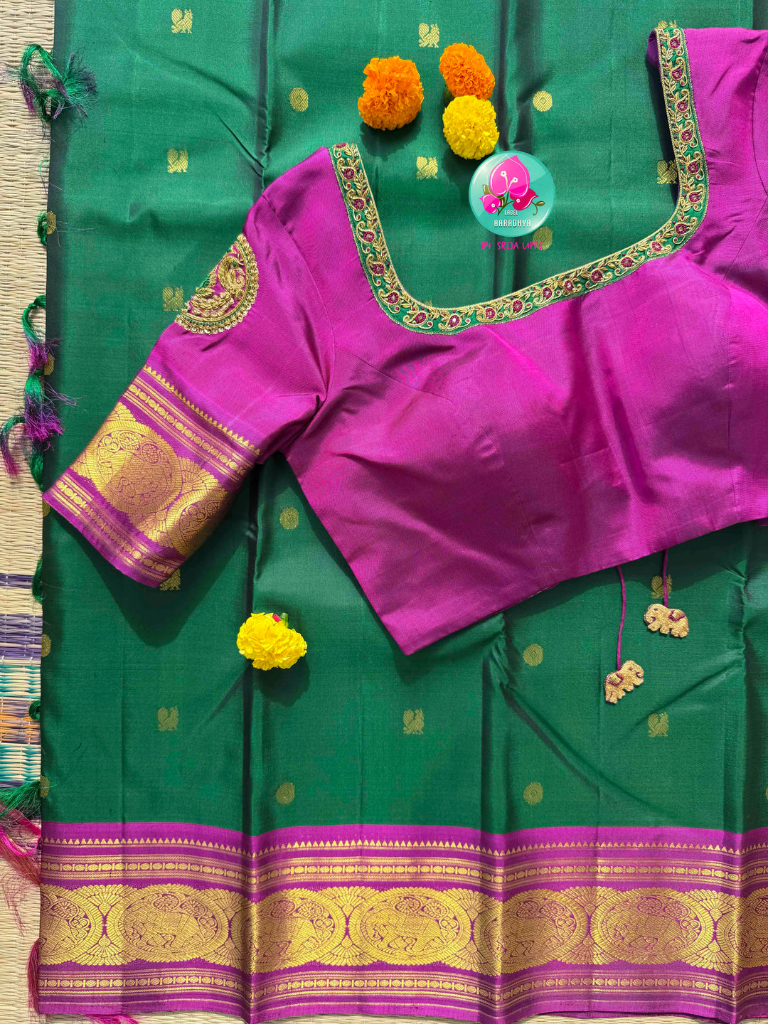 Imperial Emerald & Magenta: Bottle Green Pure Kanchipattu Saree with Hand Embroidery