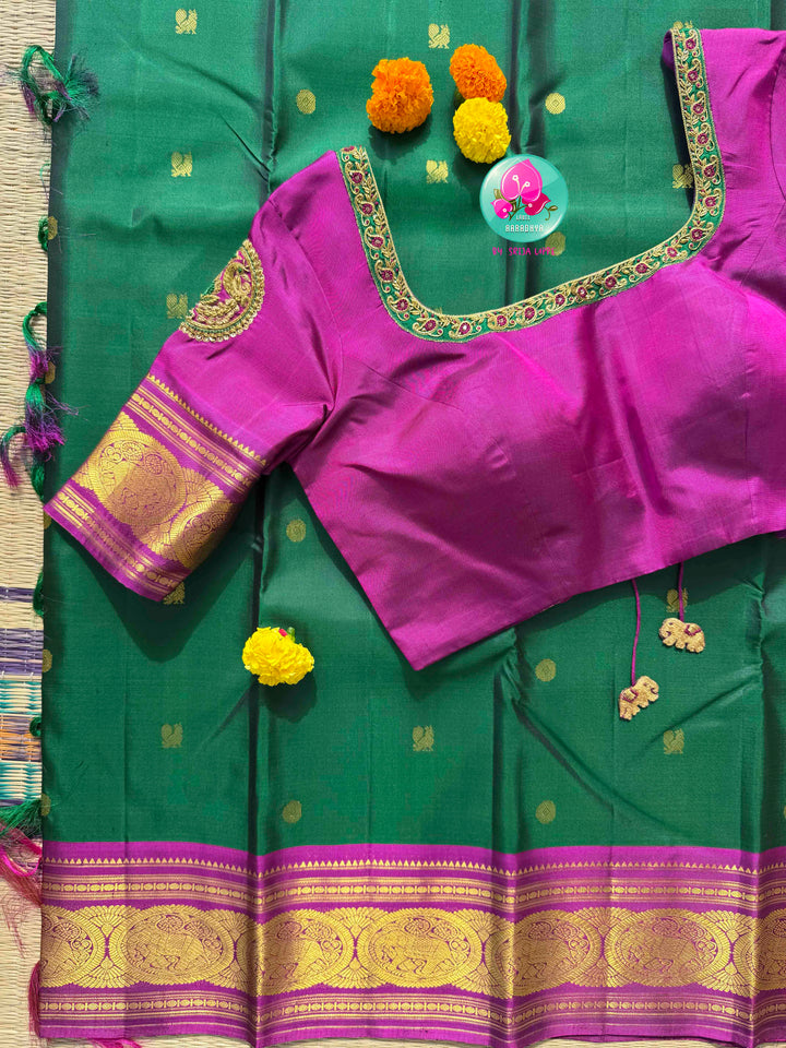 Imperial Emerald & Magenta: Bottle Green Pure Kanchipattu Saree with Hand Embroidery