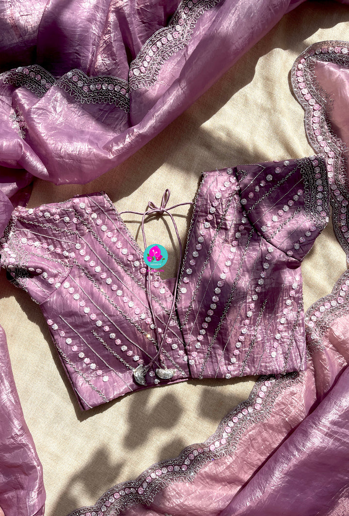 Crushed satin silk saree with sequins embroidery paired with Crushed satin sequins blouse