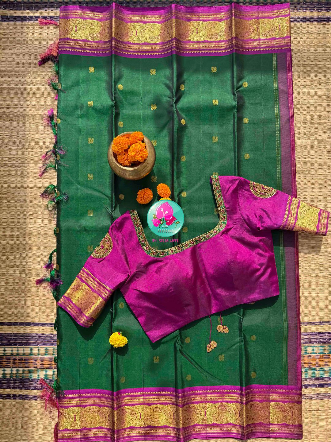 Imperial Emerald & Magenta: Bottle Green Pure Kanchipattu Saree with Hand Embroidery