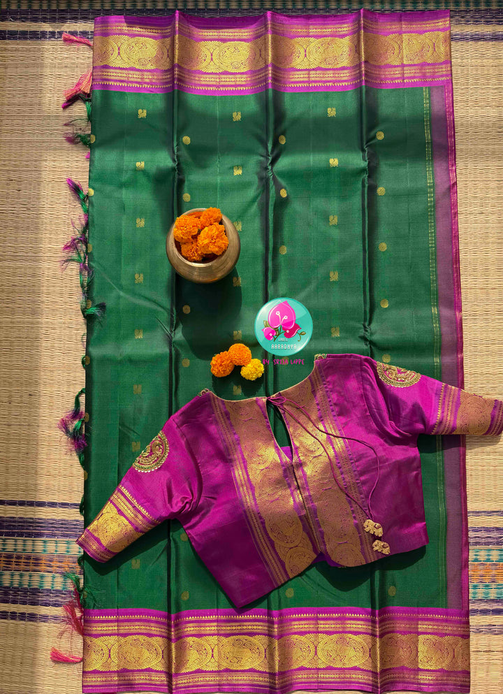 Imperial Emerald & Magenta: Bottle Green Pure Kanchipattu Saree with Hand Embroidery