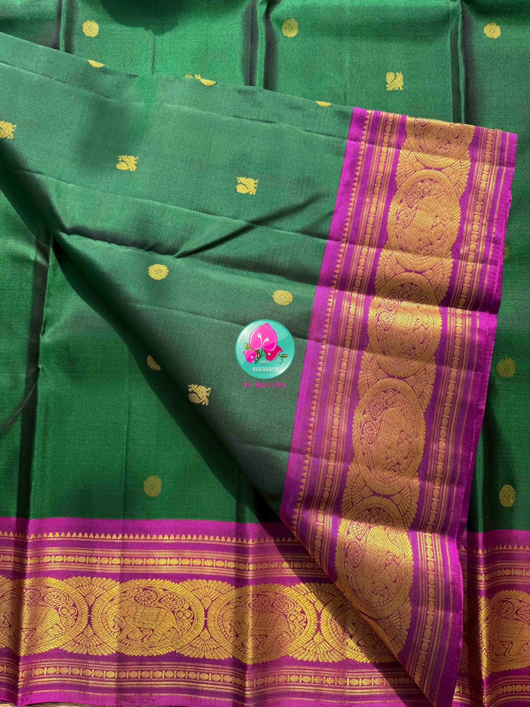 Imperial Emerald & Magenta: Bottle Green Pure Kanchipattu Saree with Hand Embroidery