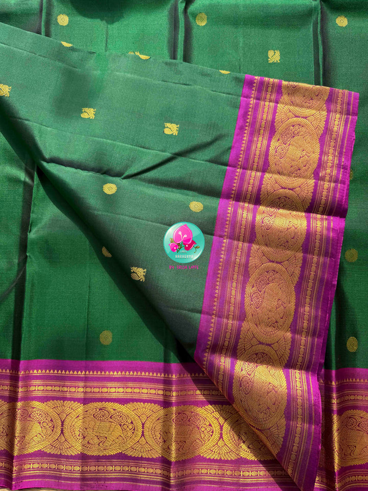 Imperial Emerald & Magenta: Bottle Green Pure Kanchipattu Saree with Hand Embroidery