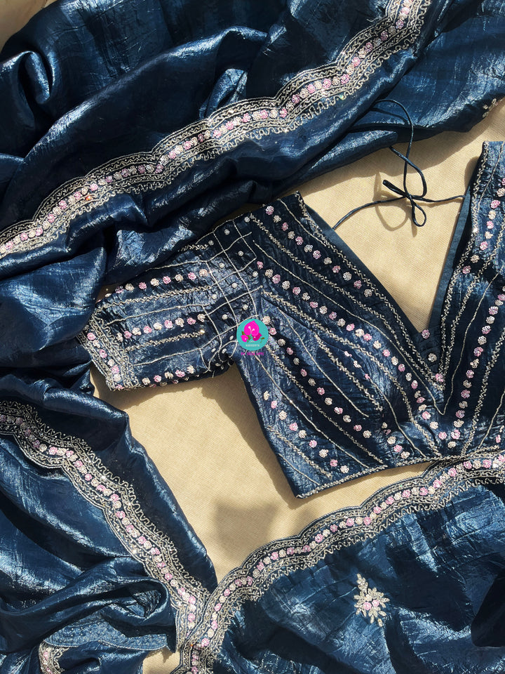 Crushed satin silk saree with sequins embroidery paired with Crushed satin sequins blouse