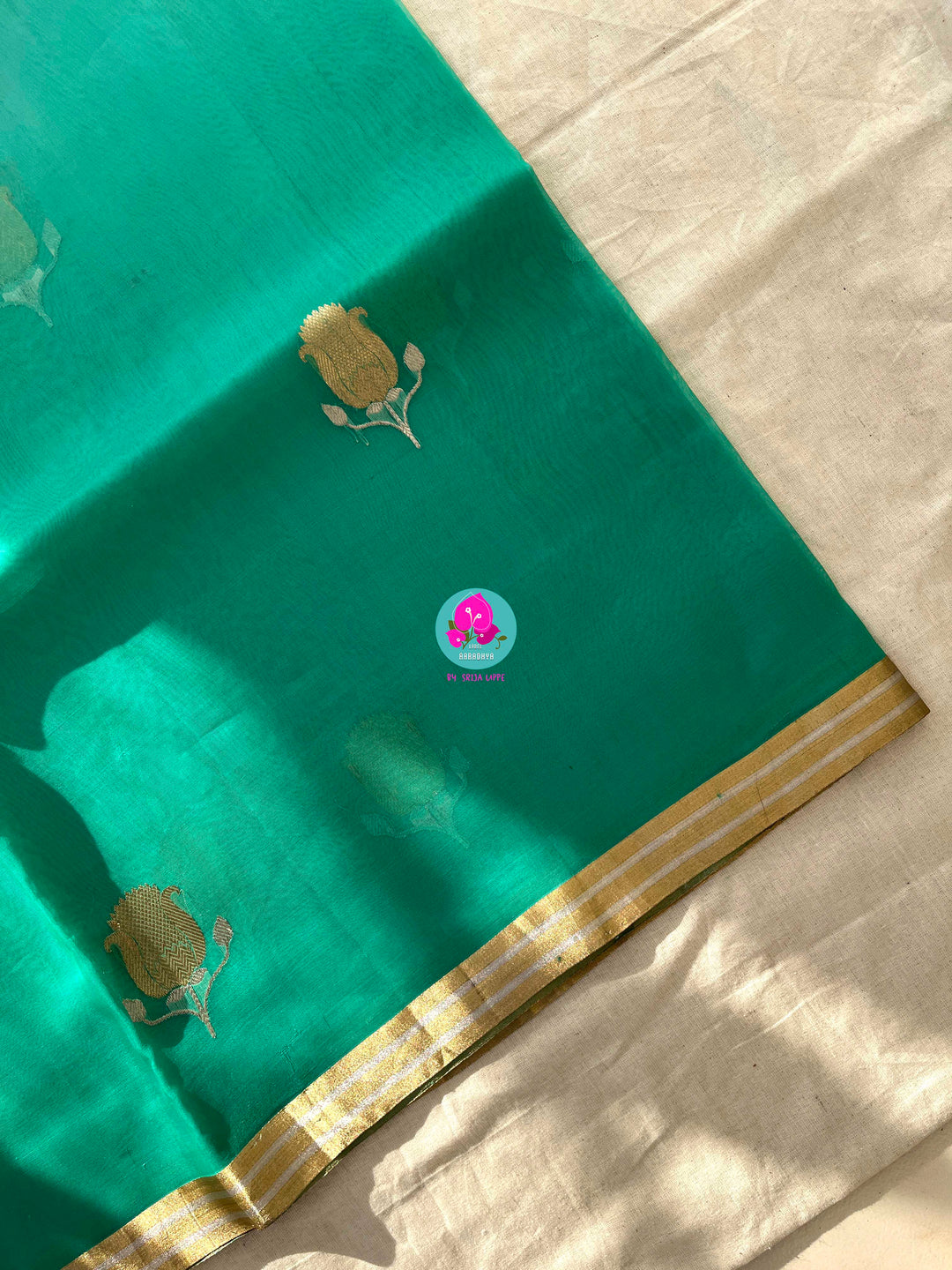 Pure Benarasi Kora organza saree with hand embroidered pure rawsilk blouse in Madhubala pattern.