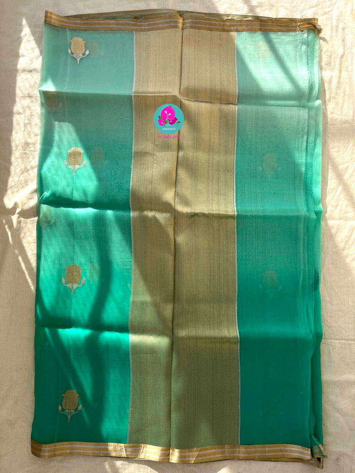 Pure Benarasi Kora organza saree with hand embroidered pure rawsilk blouse in Madhubala pattern.