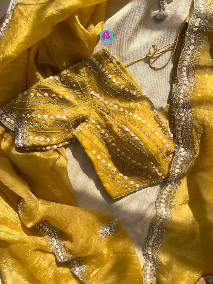Crushed satin silk saree with sequins embroidery paired with Crushed satin sequins blouse