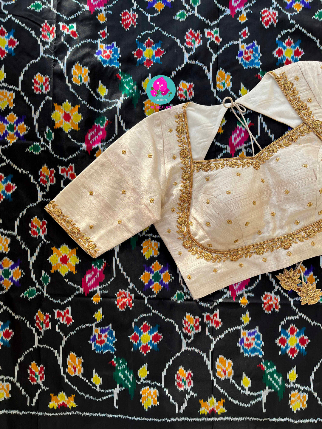 Pure Ikkat Patola Saree with hand embroidered Pure Rawsilk blouse