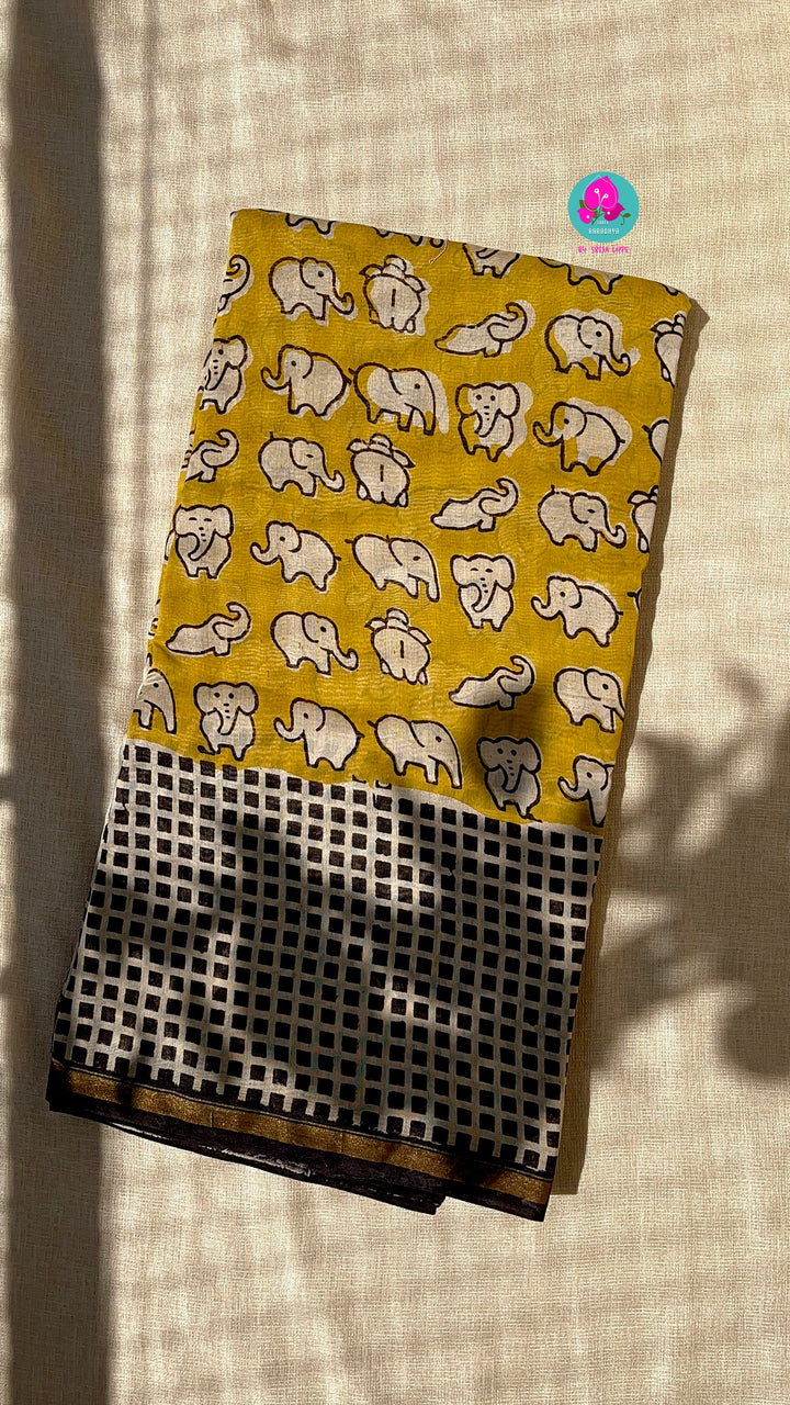 Pure Chanderi block print saree in elephant design