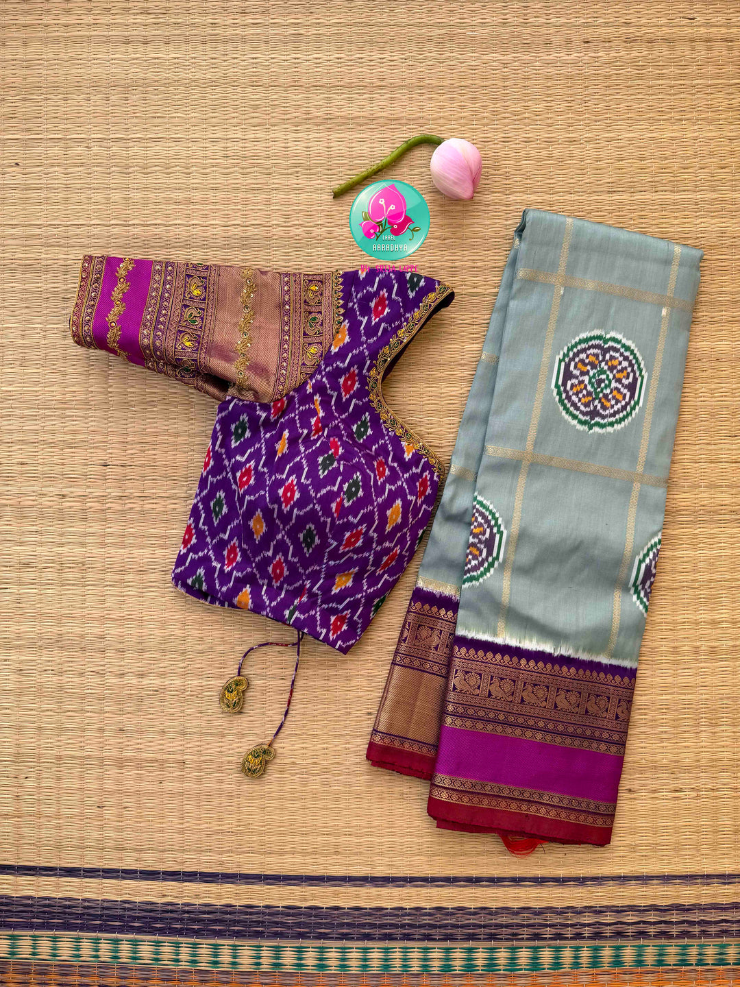 Celestial Blue/gray/sage Grey & Imperial Purple: Pure Ikkat on Kanchi Fusion Saree