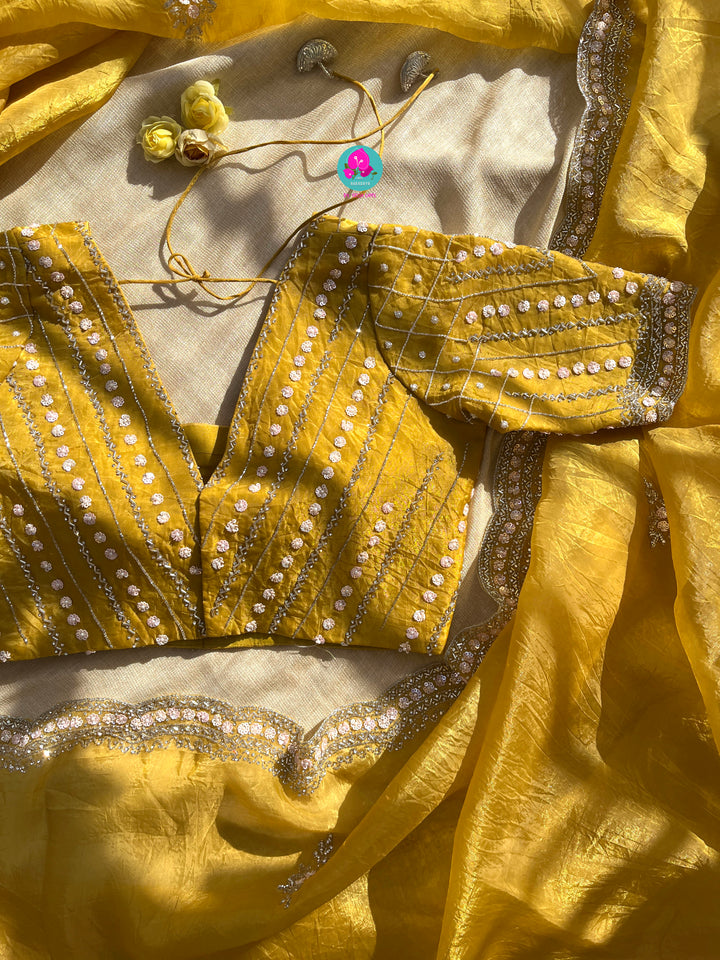 Crushed satin silk saree with sequins embroidery paired with Crushed satin sequins blouse