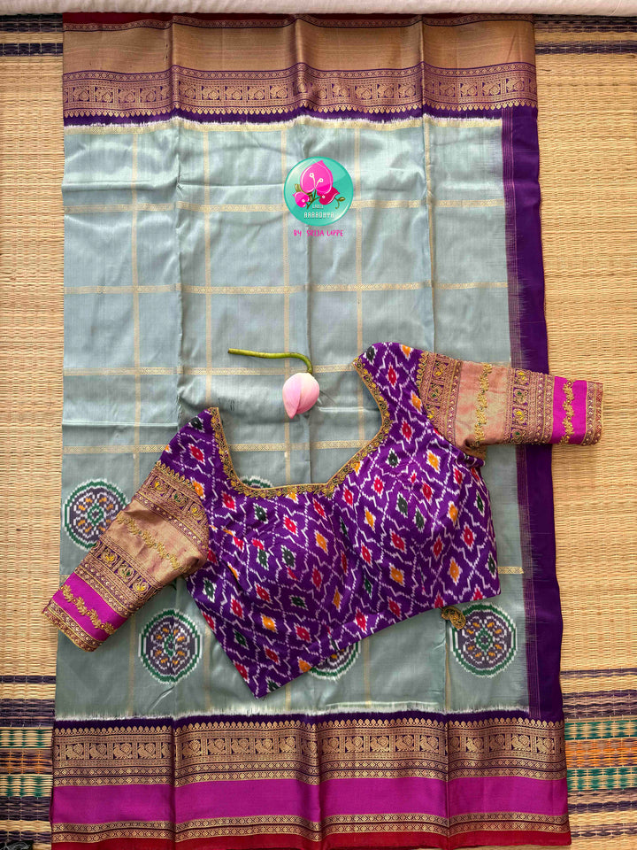 Celestial Blue/gray/sage Grey & Imperial Purple: Pure Ikkat on Kanchi Fusion Saree