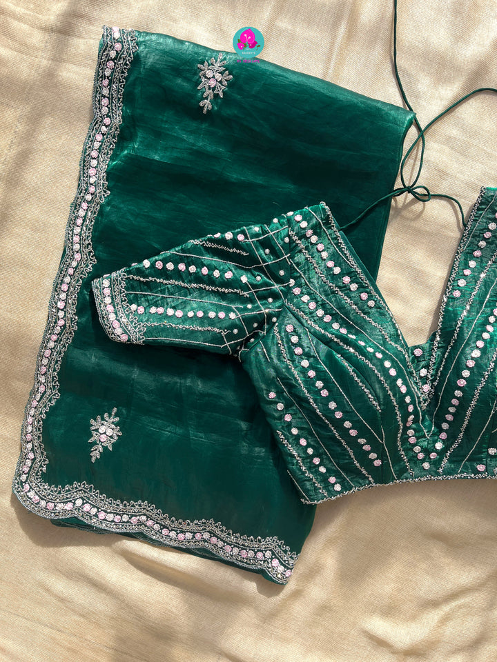 Crushed satin silk saree with sequins embroidery paired with Crushed satin sequins blouse