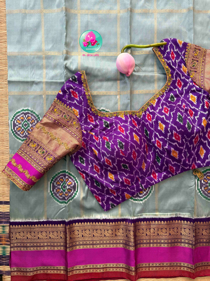 Celestial Blue/gray/sage Grey & Imperial Purple: Pure Ikkat on Kanchi Fusion Saree