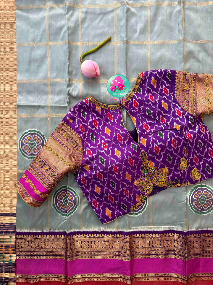 Celestial Blue/gray/sage Grey & Imperial Purple: Pure Ikkat on Kanchi Fusion Saree