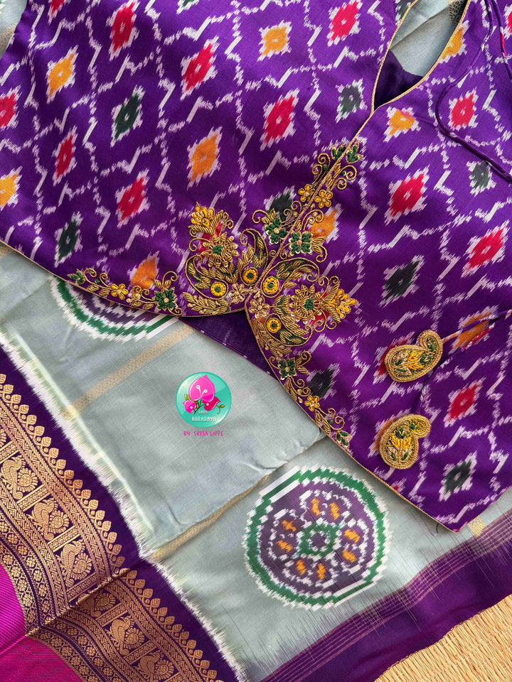 Celestial Blue/gray/sage Grey & Imperial Purple: Pure Ikkat on Kanchi Fusion Saree