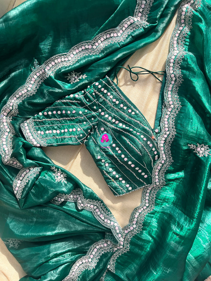 Crushed satin silk saree with sequins embroidery paired with Crushed satin sequins blouse