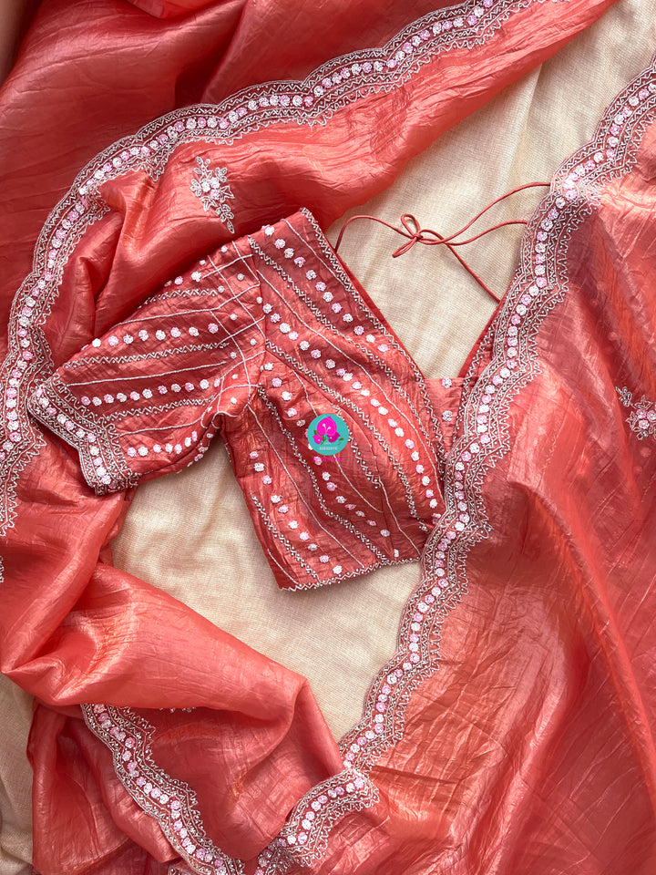 Crushed satin silk saree with sequins embroidery paired with Crushed satin sequins blouse