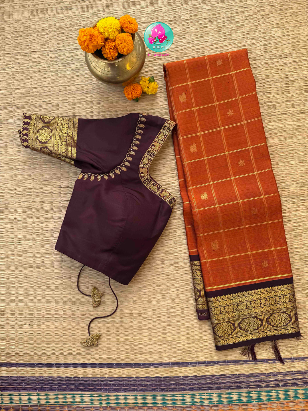 Vintage Earth Elegance: Rust Orange Checkered Kanchipattu Saree with Chocolate Brown Accents