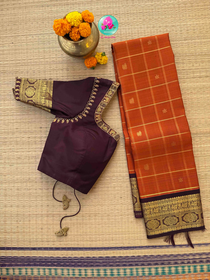 Vintage Earth Elegance: Rust Orange Checkered Kanchipattu Saree with Chocolate Brown Accents