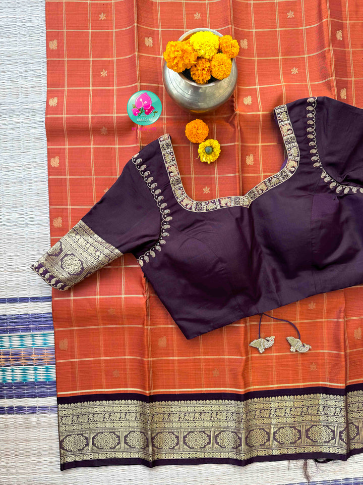 Vintage Earth Elegance: Rust Orange Checkered Kanchipattu Saree with Chocolate Brown Accents