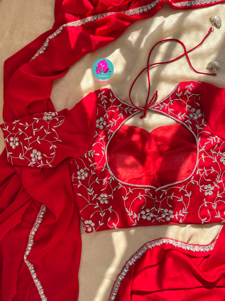 The Passionate Drape: Lustrous Red Satin with Shimmering Silver Work