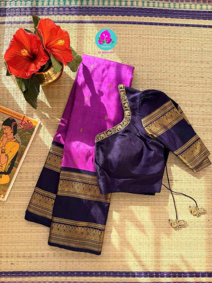 2G zari traditional navy blue gap border with luxurious magenta paired with hand embroidered blouse