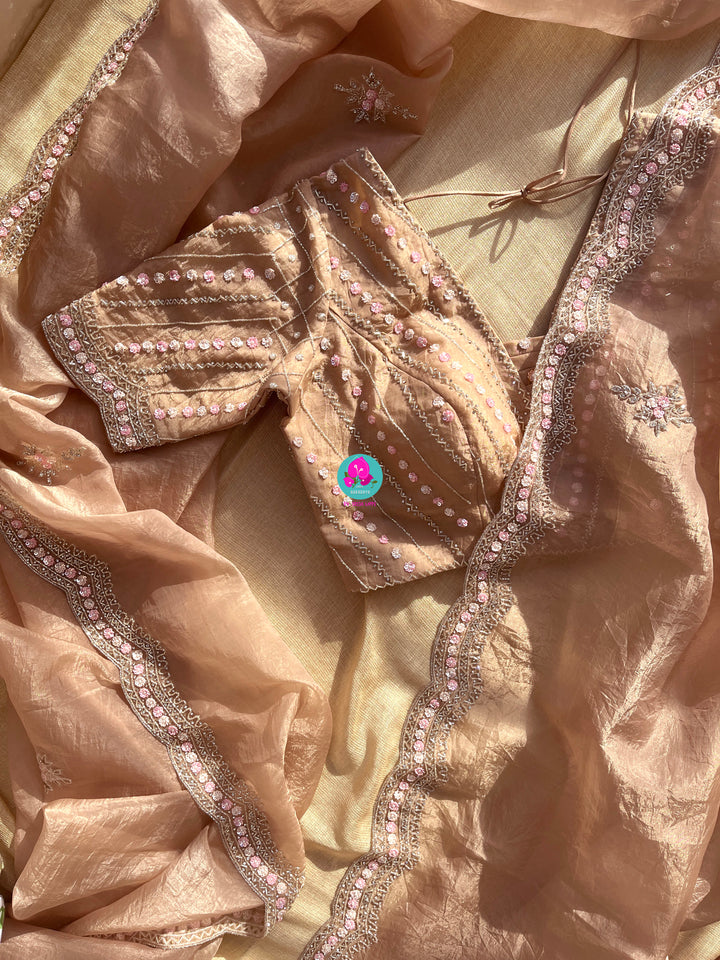 Crushed satin silk saree with sequins embroidery paired with Crushed satin sequins blouse