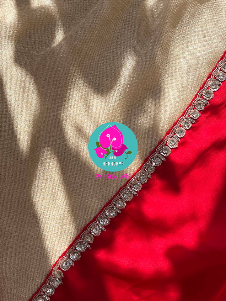 The Passionate Drape: Lustrous Red Satin with Shimmering Silver Work