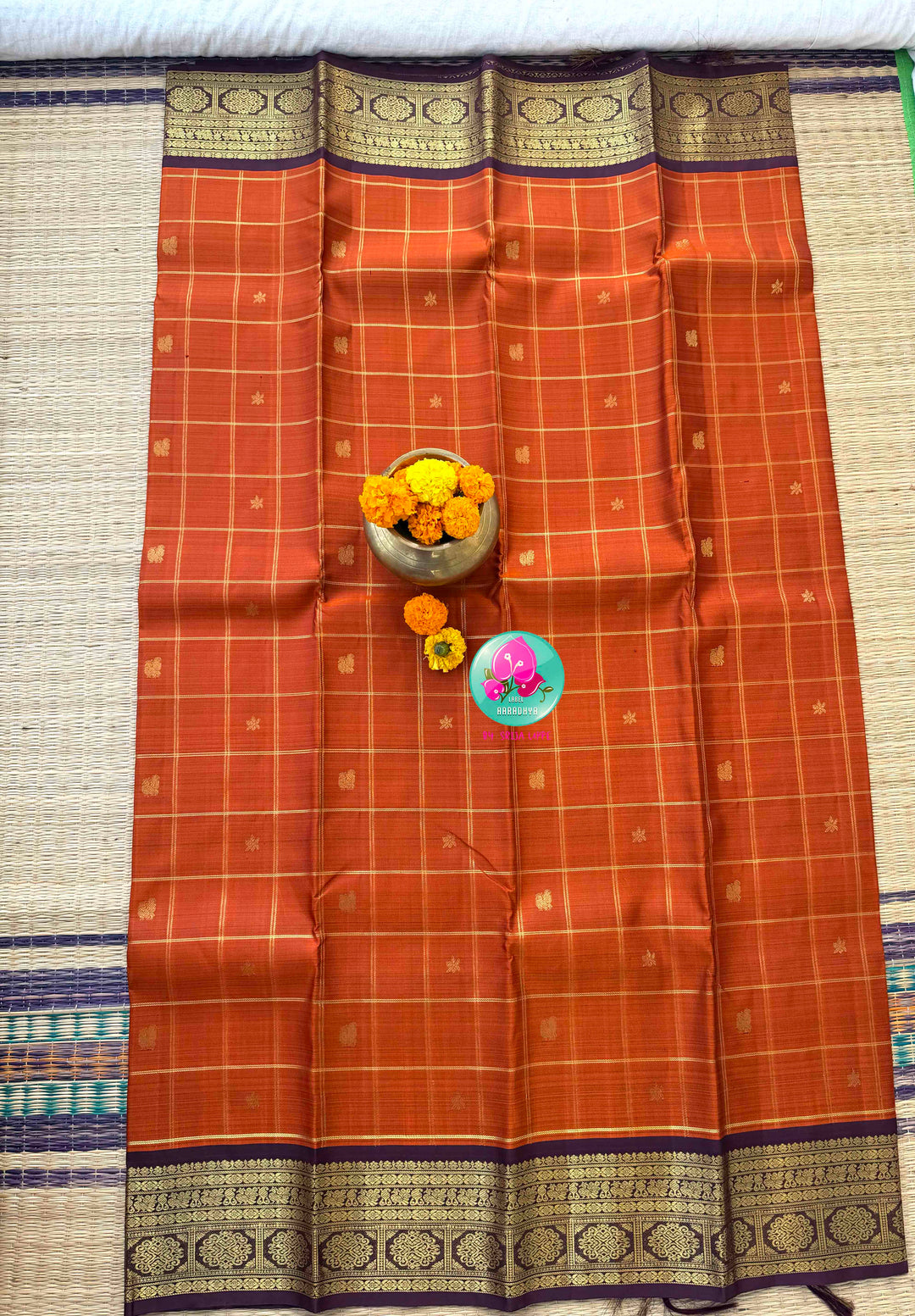 Vintage Earth Elegance: Rust Orange Checkered Kanchipattu Saree with Chocolate Brown Accents