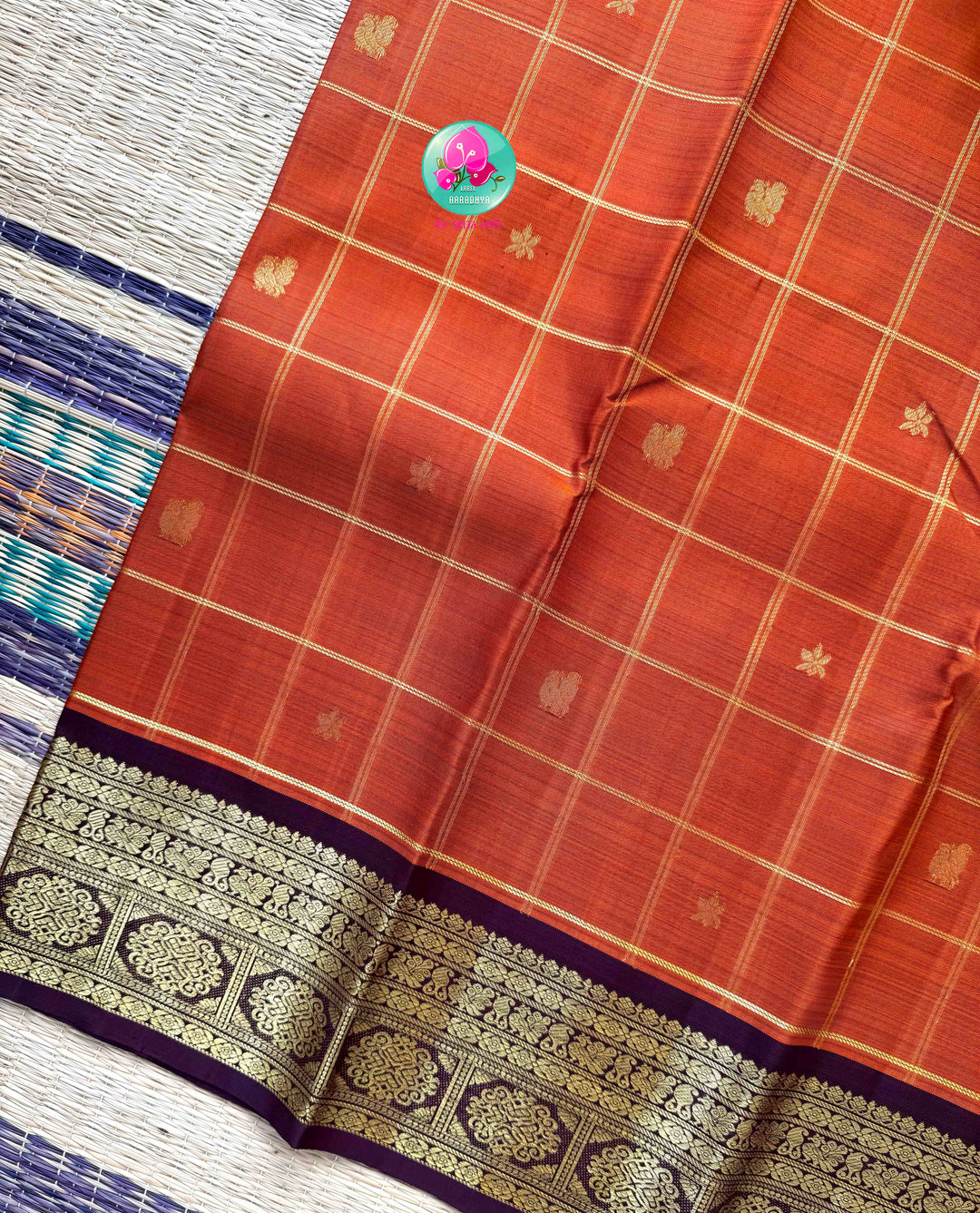 Vintage Earth Elegance: Rust Orange Checkered Kanchipattu Saree with Chocolate Brown Accents