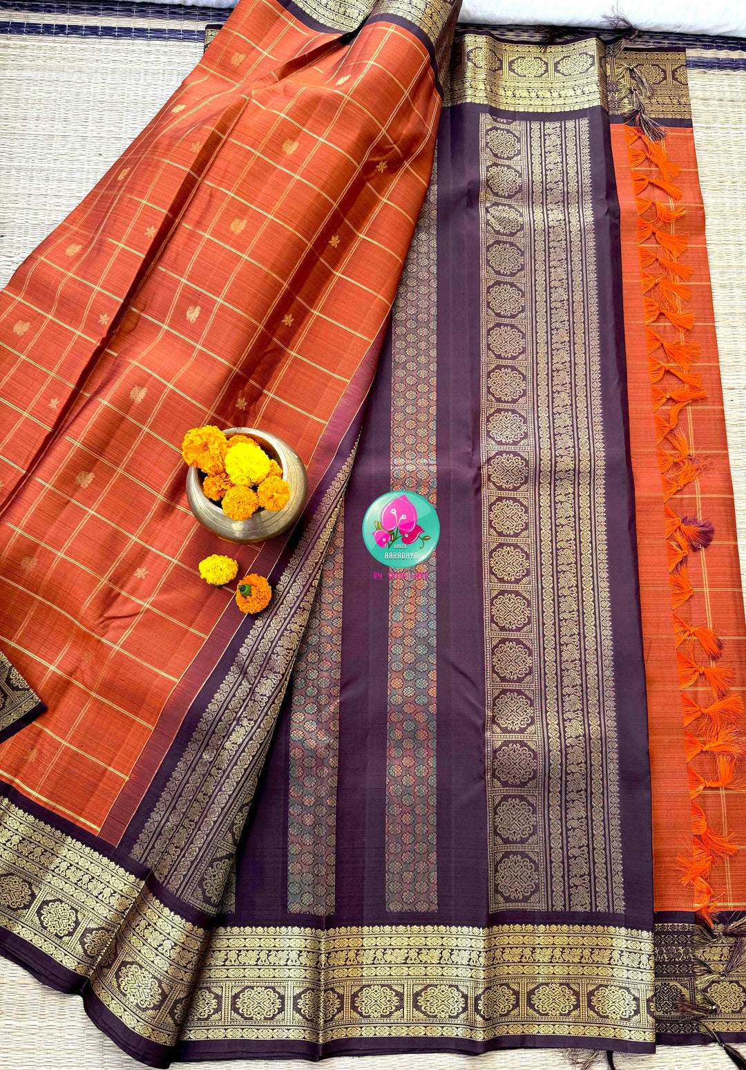 Vintage Earth Elegance: Rust Orange Checkered Kanchipattu Saree with Chocolate Brown Accents