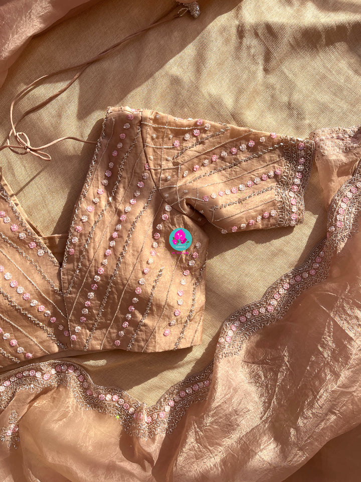 Crushed satin silk saree with sequins embroidery paired with Crushed satin sequins blouse