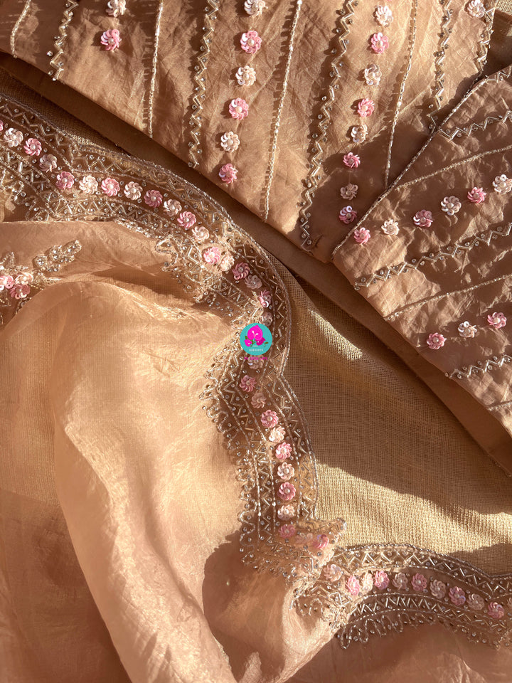 Crushed satin silk saree with sequins embroidery paired with Crushed satin sequins blouse