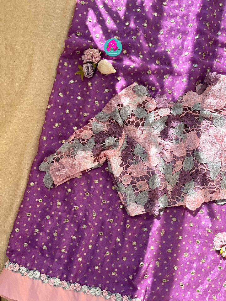 Pure Chinon Chiffon Saree in Mirror Work paired with fashion fabric blouse