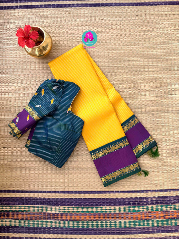 yellow Vaira Oosi Check, with fine 2g Zari Saree with hand-embroidered bird theme blouse