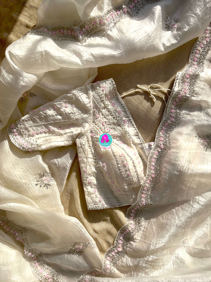 Crushed satin silk saree with sequins embroidery paired with Crushed satin sequins blouse
