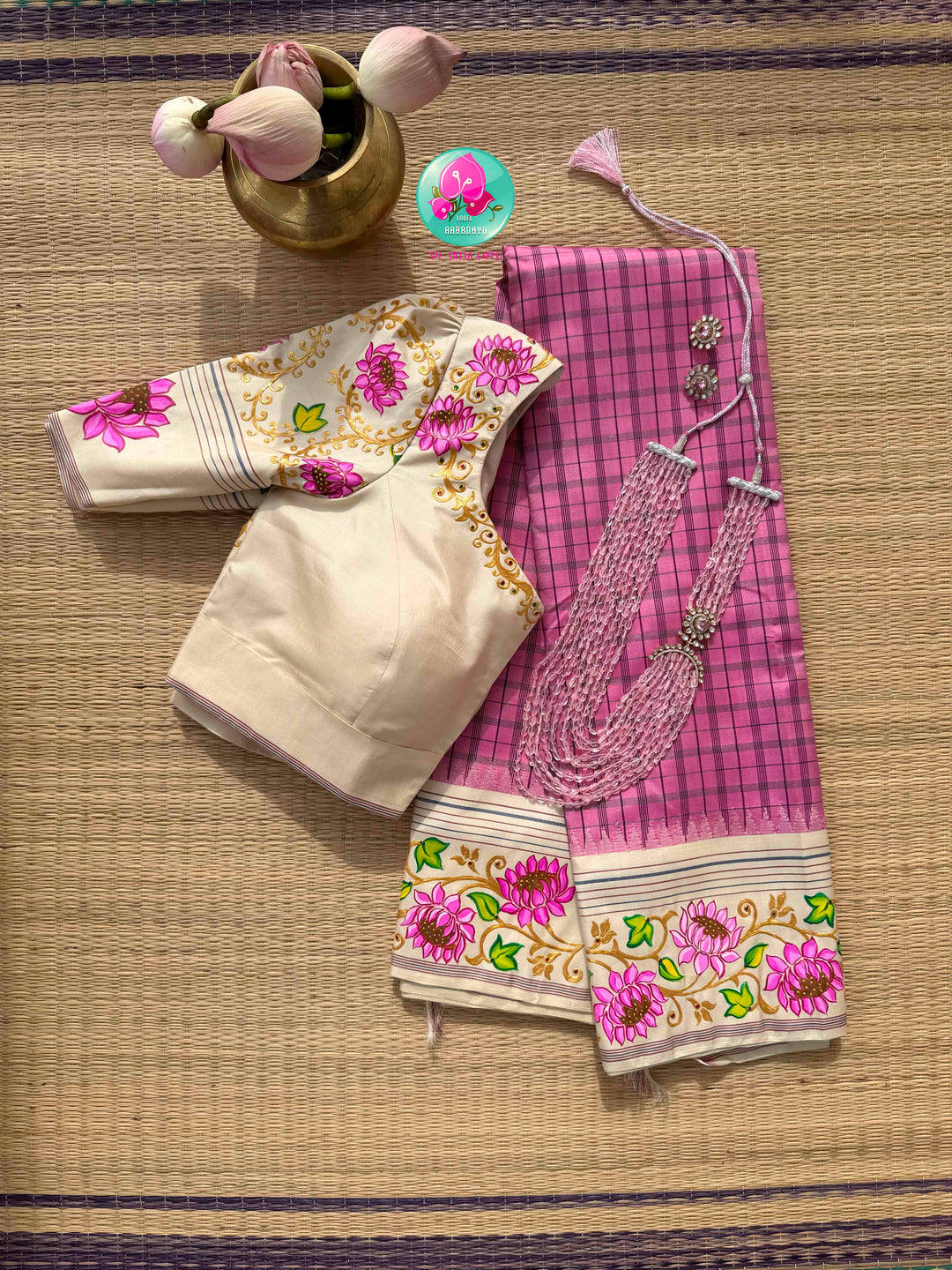 Ethereal Lotus Canvas: Light Pink & Ivory Tanjore Hand-Painted Kanjeevaram Saree