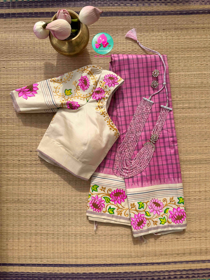 Ethereal Lotus Canvas: Light Pink & Ivory Tanjore Hand-Painted Kanjeevaram Saree