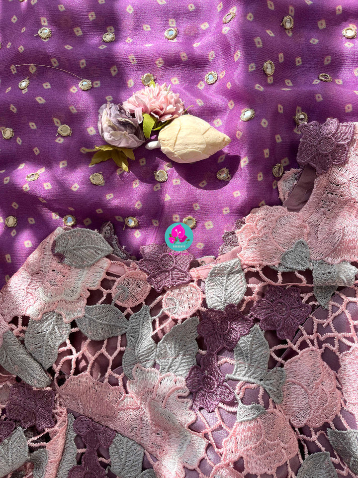 Pure Chinon Chiffon Saree in Mirror Work paired with fashion fabric blouse