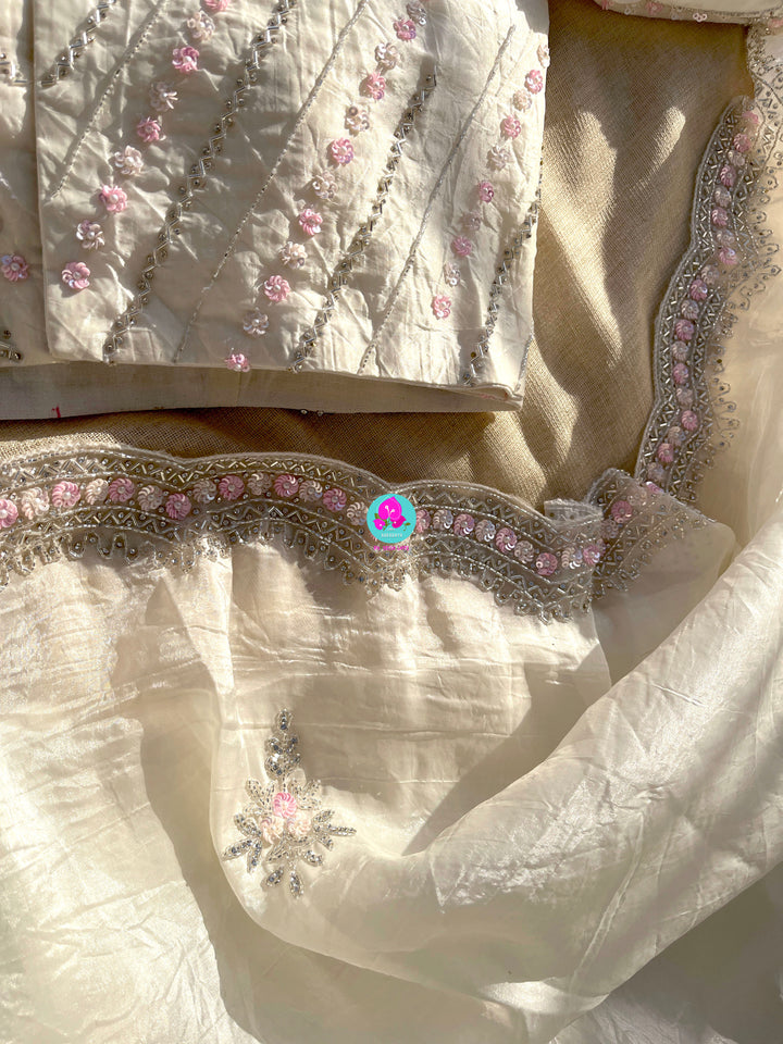 Crushed satin silk saree with sequins embroidery paired with Crushed satin sequins blouse