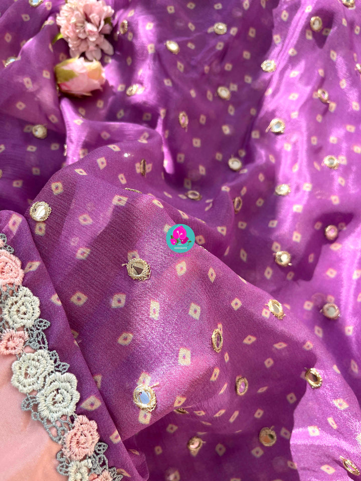 Pure Chinon Chiffon Saree in Mirror Work paired with fashion fabric blouse