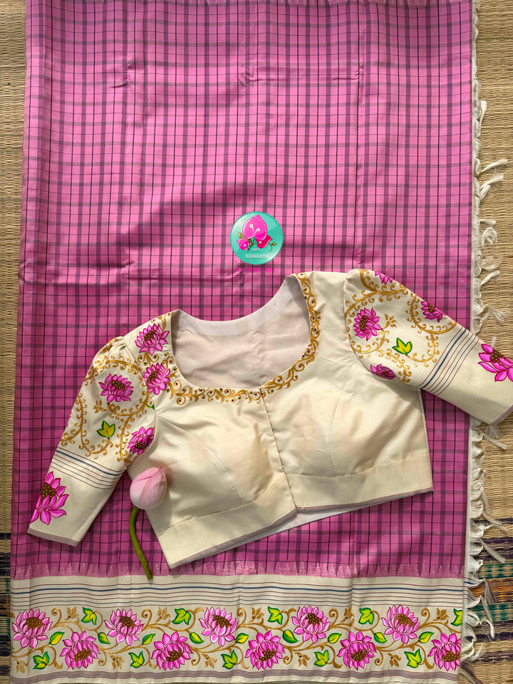 Ethereal Lotus Canvas: Light Pink & Ivory Tanjore Hand-Painted Kanjeevaram Saree