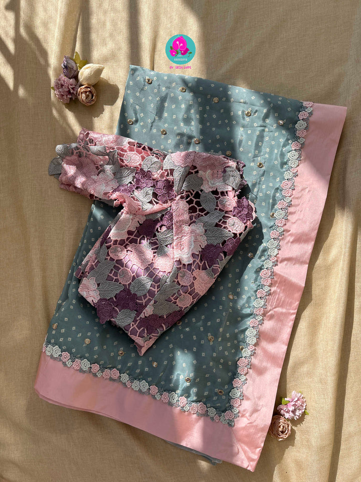Pure Natural Crape Saree with Mirror Work and Rosy Floral border Paired with blouse