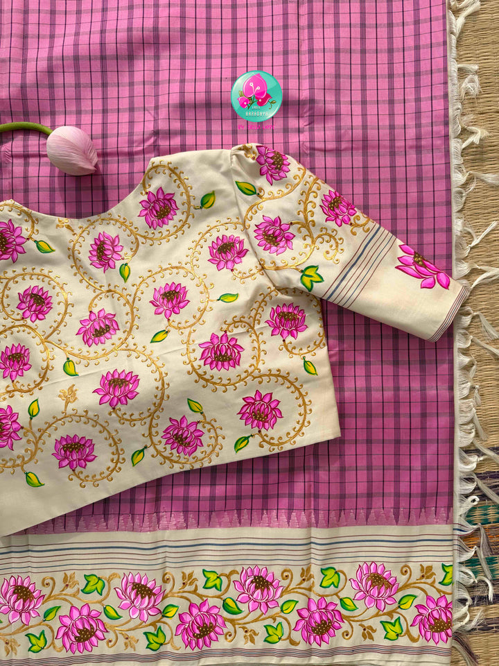 Ethereal Lotus Canvas: Light Pink & Ivory Tanjore Hand-Painted Kanjeevaram Saree