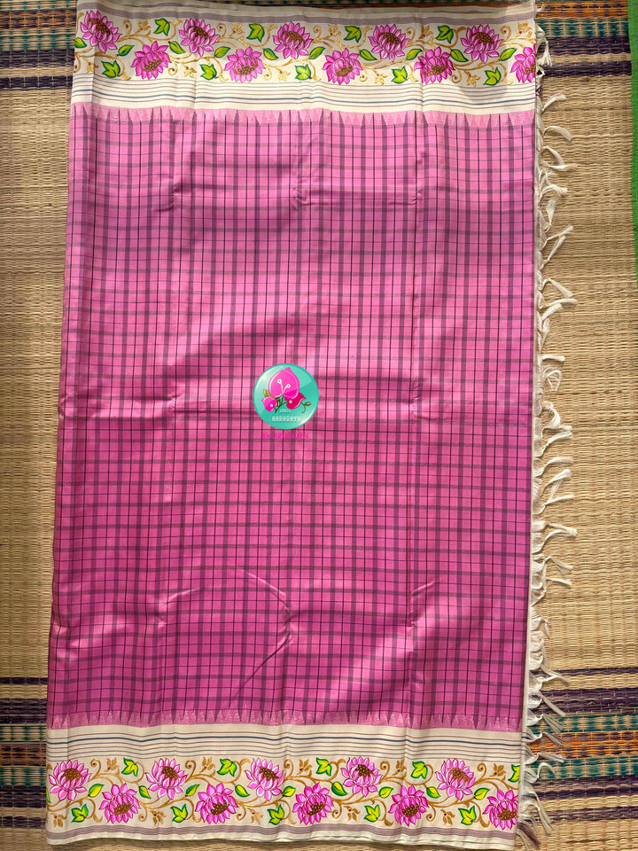 Ethereal Lotus Canvas: Light Pink & Ivory Tanjore Hand-Painted Kanjeevaram Saree